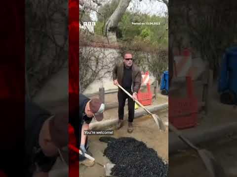 Arnold Schwarzenegger terminates giant pothole. #Shorts #California #BBCNews