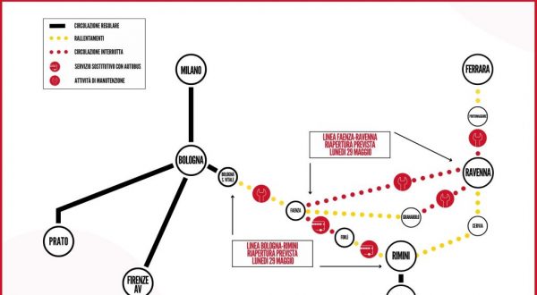 Alluvione, verso la riapertura il 29/5 della linea Bologna-Rimini