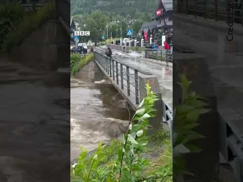 Floodwaters in Norway sent mobile homes crashing into a bridge. #Shorts #Norway #BBCNews