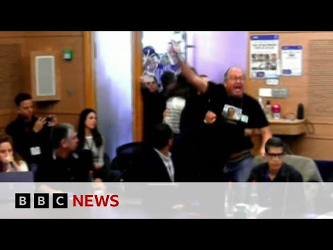 Families of Israeli hostages storm Knesset parliament meeting | BBC News