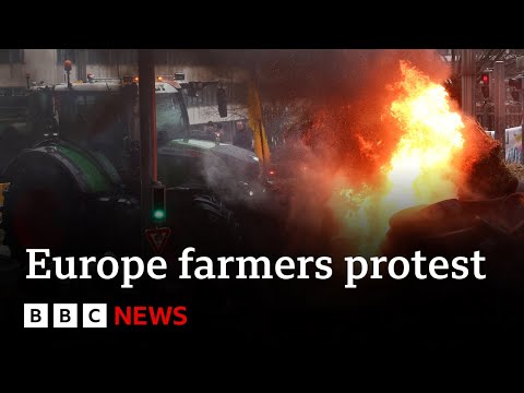 Farmers set fires in Brussels ahead of Agriculture Ministers meeting | BBC News